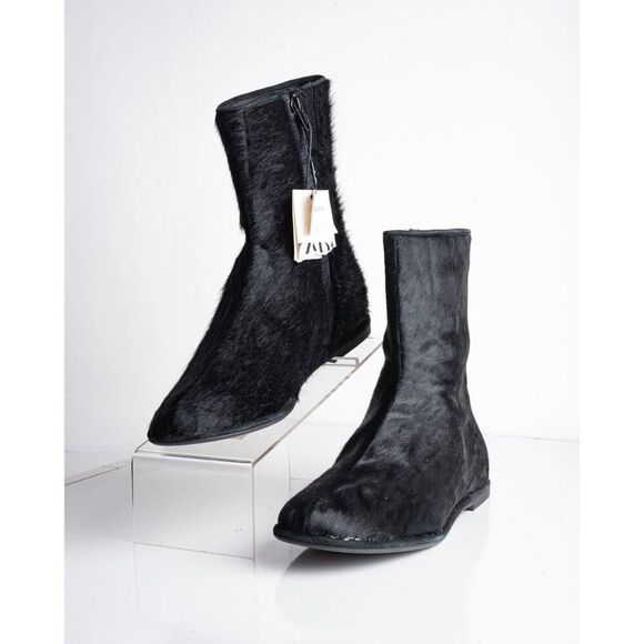 Zara Womens Leather Zip Ankle Boots Fur Skin Black US 9 EU 40 New 1102/410 - Picture 1 of 10